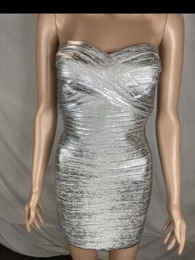 Herve Leger Silver Strapless Bandage Bodycon Dress